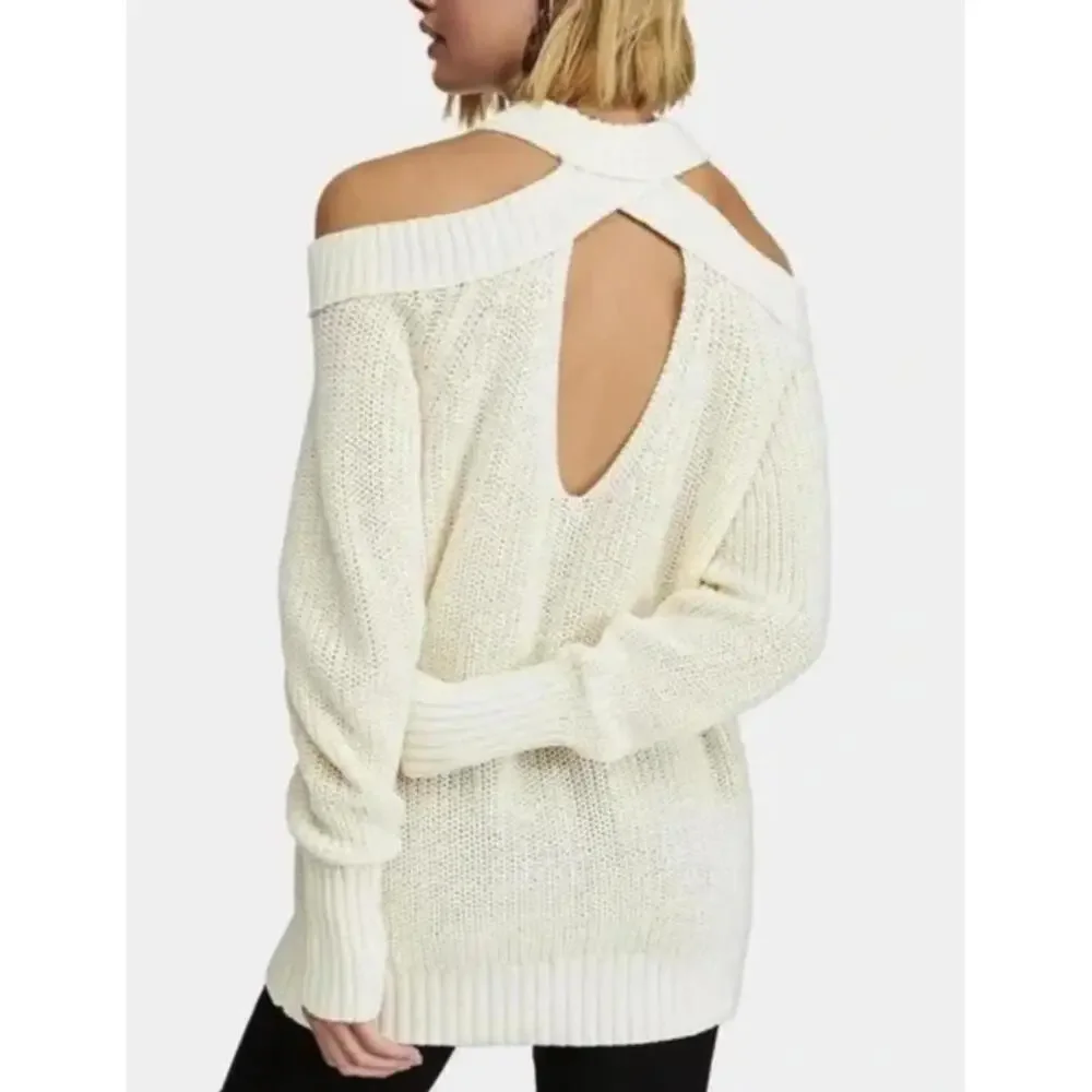 Free People Cream Strap Open Shoulder Half Moon Bay Rib Sweater - Size - Small